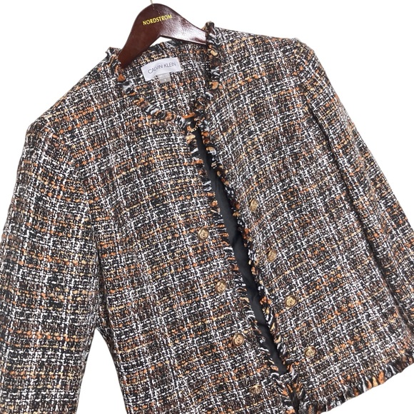 Calvin Klein 8 Brown Black Gold Logo Button Tweed Double Breasted Blazer Jacket - Picture 1 of 6